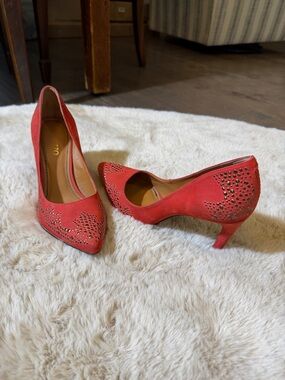 Women's Red Pointed-Toe Studded Suede Heels